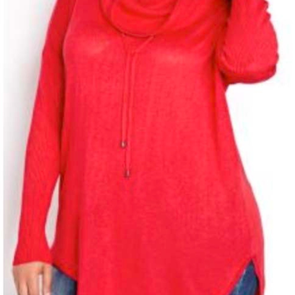 SWEATER, FUNNEL NECK, SCARLET, SZ 4X, ASYMMETRIC HEM, DRAWSTRING AT NECK,